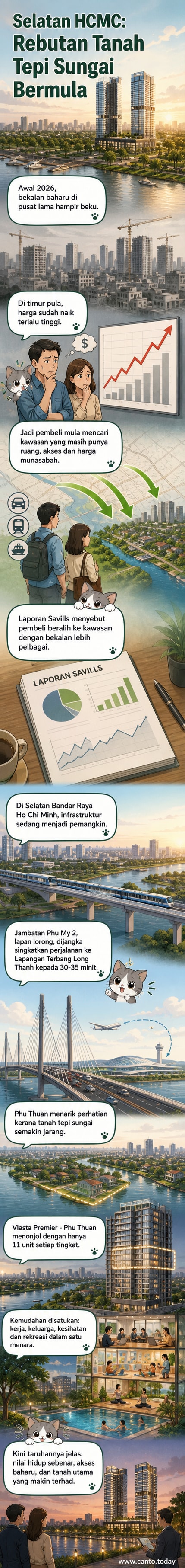 Ilustrasi kawasan perumahan mewah di Selatan Ho Chi Minh dengan pemandangan sungai, jambatan baru, dan bangunan tinggi moden.