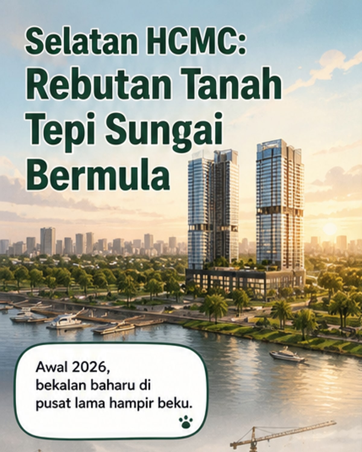 Ilustrasi kawasan perumahan mewah di Selatan Ho Chi Minh dengan pemandangan sungai, jambatan baru, dan bangunan tinggi moden.