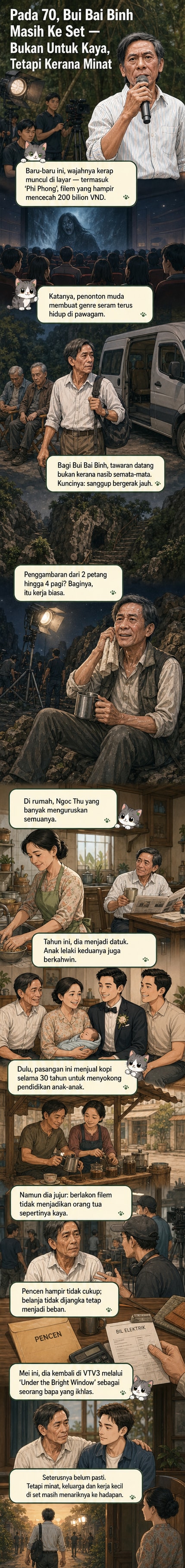 Pelakon veteran Bui Bai Binh tersenyum di lokasi penggambaran, dikelilingi oleh kru filem, dengan latar belakang hutan dan cahaya matahari yang redup.