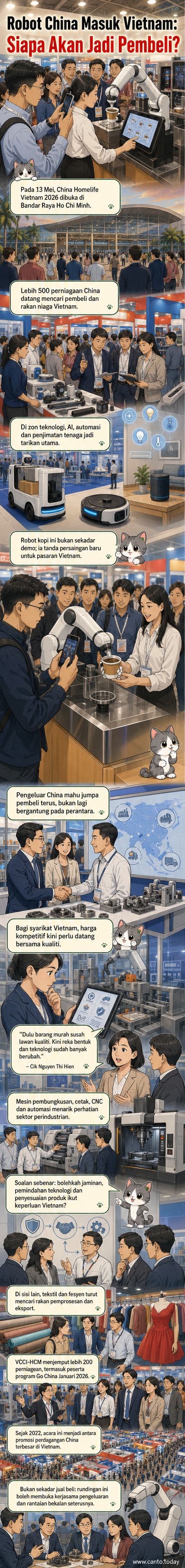 Pameran teknologi di Vietnam menunjukkan robot kopi automatik, bilik kalis bunyi mudah alih, dan jentera industri dari pembekal China.