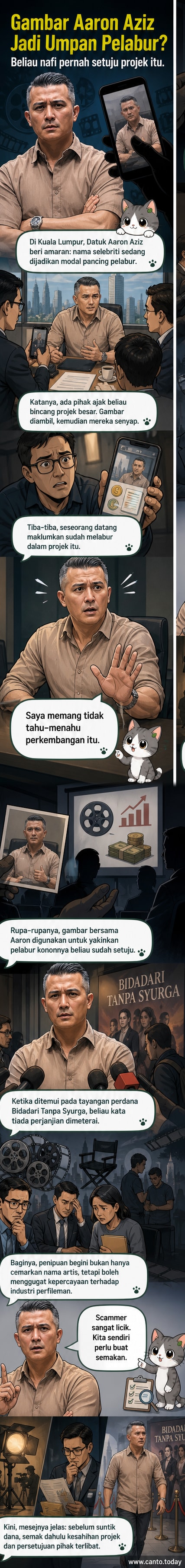 Pelakon Datuk Aaron Aziz memandang tajam ke kamera, dengan latar belakang poster drama Bidadari Tanpa Syarga dan notis amaran scam di sebelahnya.