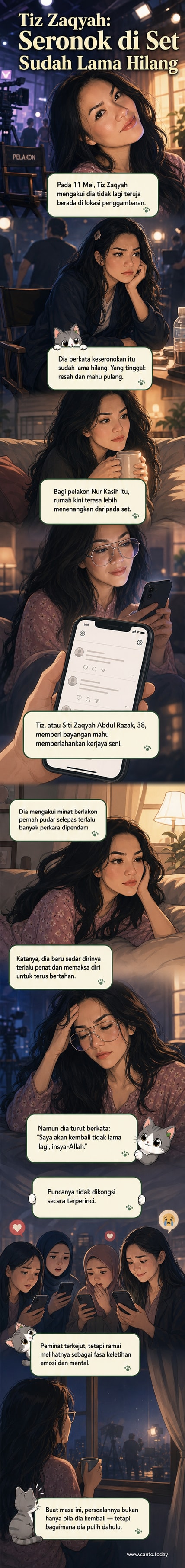 Ilustrasi pelakon Tiz Zaqyah kelihatan tenang di rumah, berbanding suasana sibuk lokasi penggambaran di latar belakang.