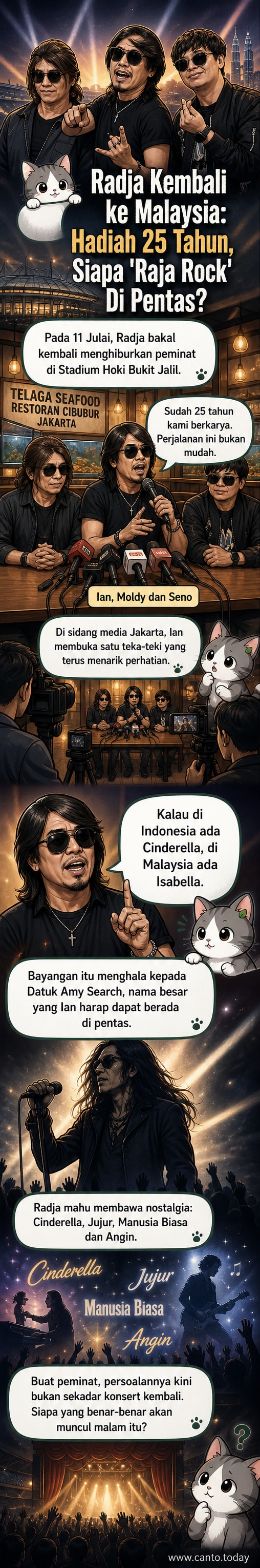 Kumpulan muzik Radja beraksi di atas pentas dengan latar belakang lampu warna-warni, mengiringi konsert nostalgia mereka di Malaysia