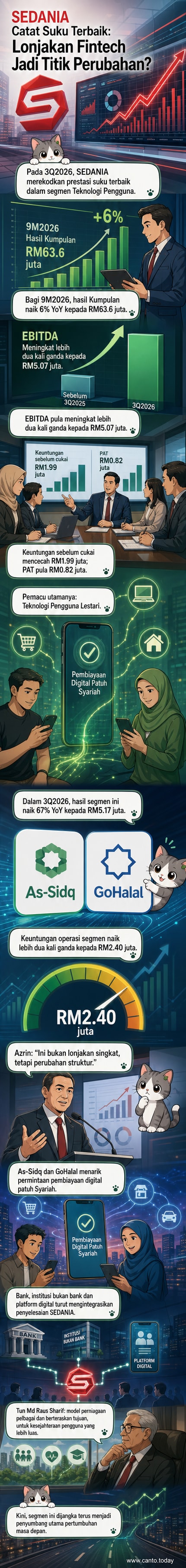 Ilustrasi platform digital As-Sidq dan GoHalal yang menyokong pertumbuhan teknologi kewangan SEDANIA dengan grafik naik menunjukkan peningkatan hasil dan keuntungan operasi.