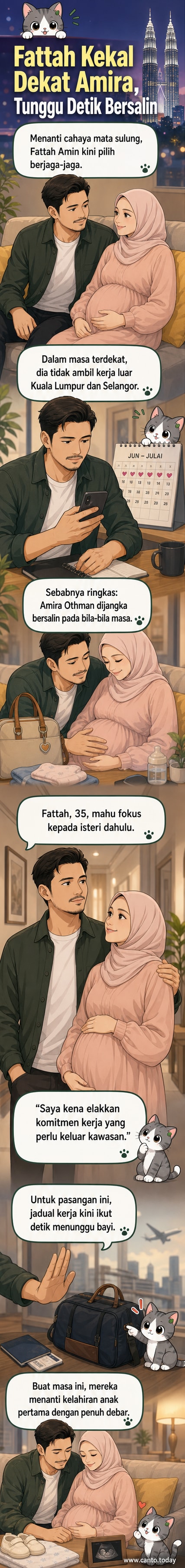 Ilustrasi Fattah Amin memegang tangan Amira Othman yang sedang hamil, latar belakang suasana rumah yang tenang.