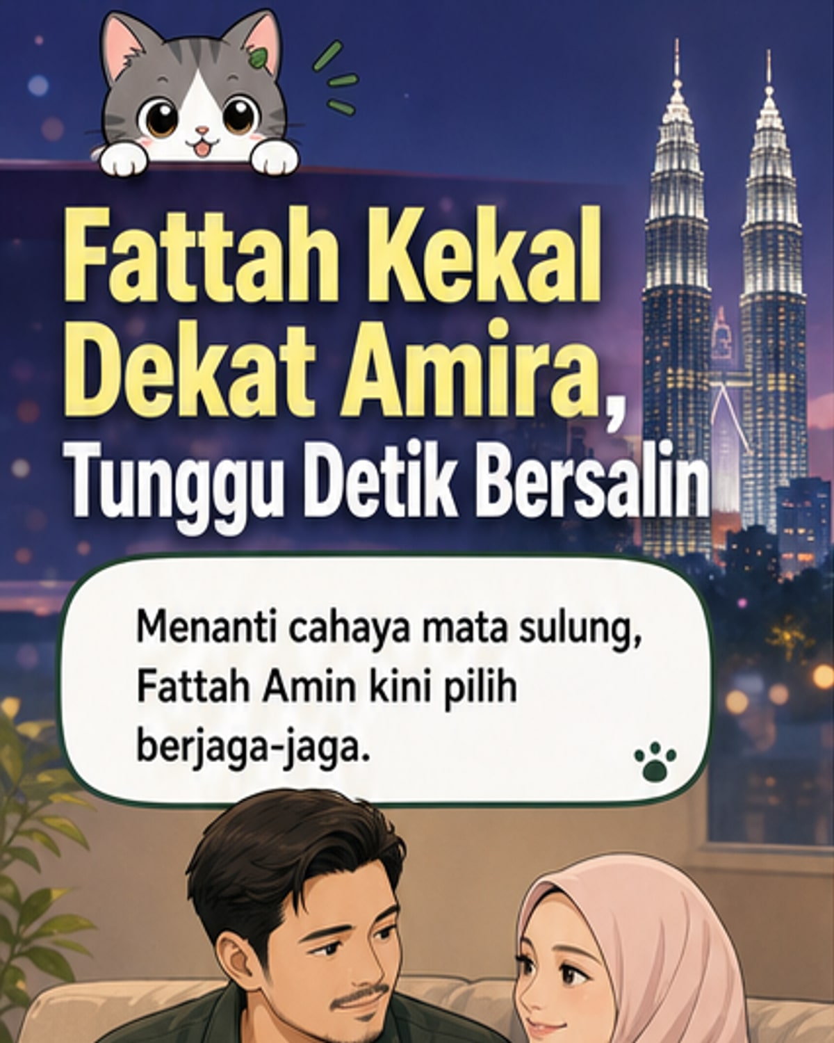 Ilustrasi Fattah Amin memegang tangan Amira Othman yang sedang hamil, latar belakang suasana rumah yang tenang.