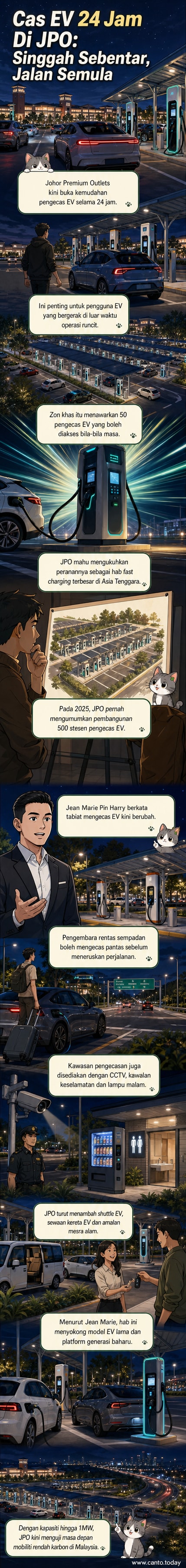Ilustrasi hab pengecas EV 24 jam di Johor Premium Outlets dengan kenderaan sedang dicas dan penunjuk arah ke stesen pengecas pantas 1MW.