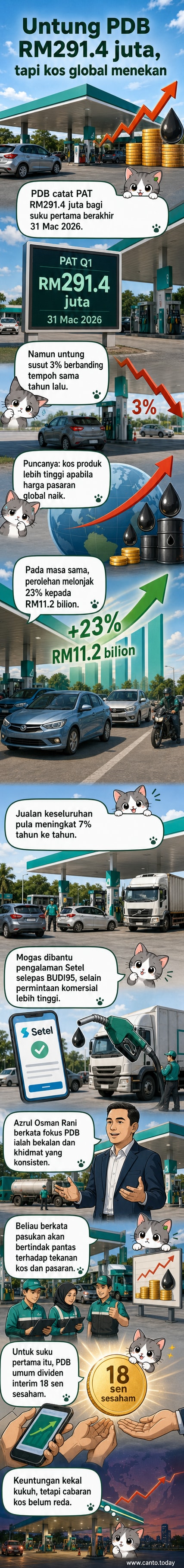 Ilustrasi stesen minyak Petronas dengan angka RM291.4 juta dan graf naik turun ringkas mewakili prestasi kewangan suku pertama 2026.