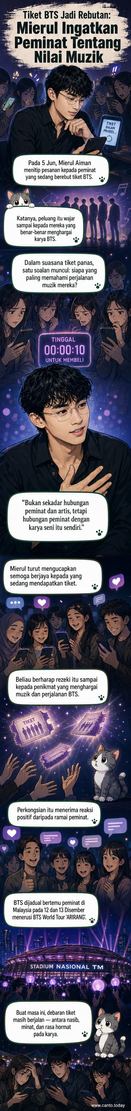 Ilustrasi pelakon Mierul Aiman sedang menulis pesanan di telefon, dengan gambar kecil BTS di latar belakang.