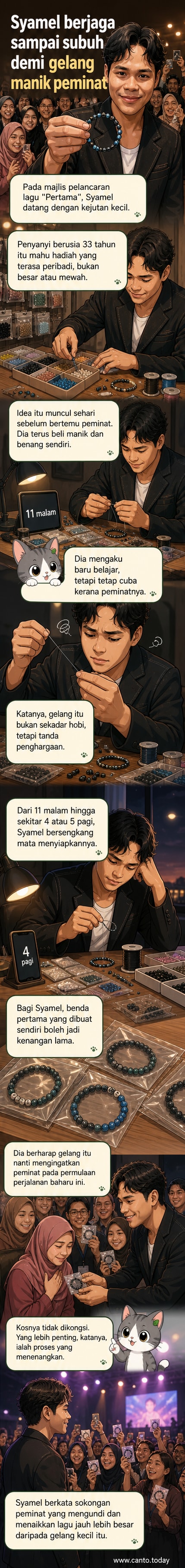 Penyanyi Syamel duduk di meja malam hari mengikat manik-manik kecil menjadi gelang tangan, cahaya lampu lembut menyinari wajahnya yang fokus.