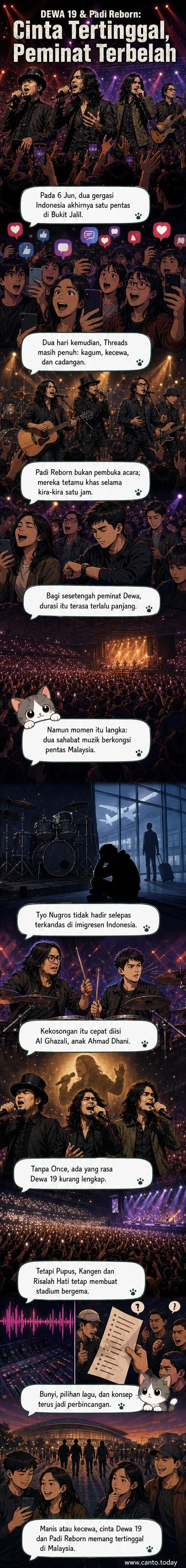 Poster konsert Dewa 19 dan Padi Reborn di Stadium Unifi Arena dengan latar belakang lampu pentas dan penonton yang bersorak.