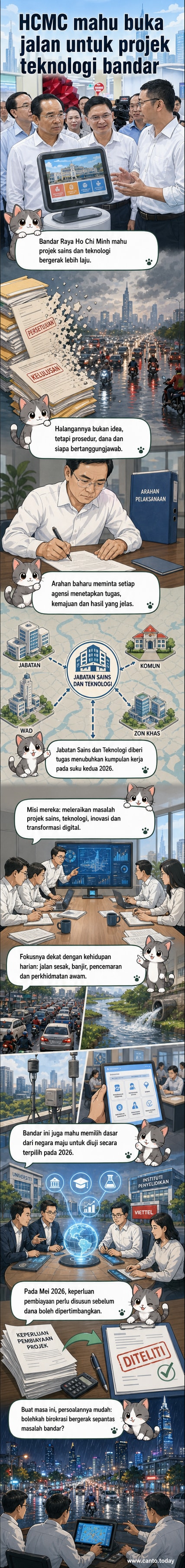 Ilustrasi bandaraya Ho Chi Minh dengan pasukan petugas digital menyelesaikan isu lalu lintas, banjir dan pencemaran menggunakan teknologi.