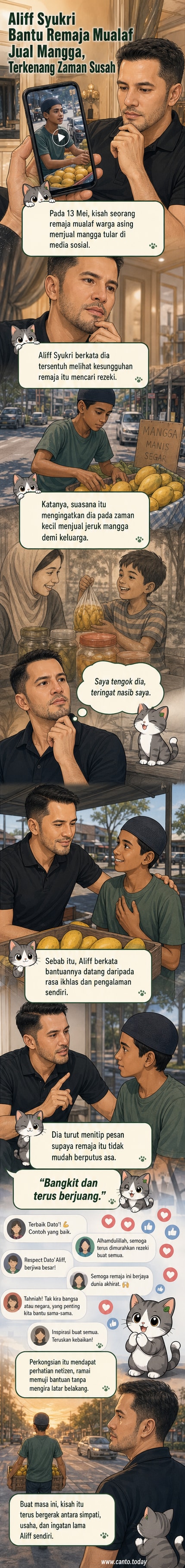 Ilustrasi Aliff Syukri bersama remaja mualaf, menggambarkan detik bantuan yang diilhami memori masa kecil.