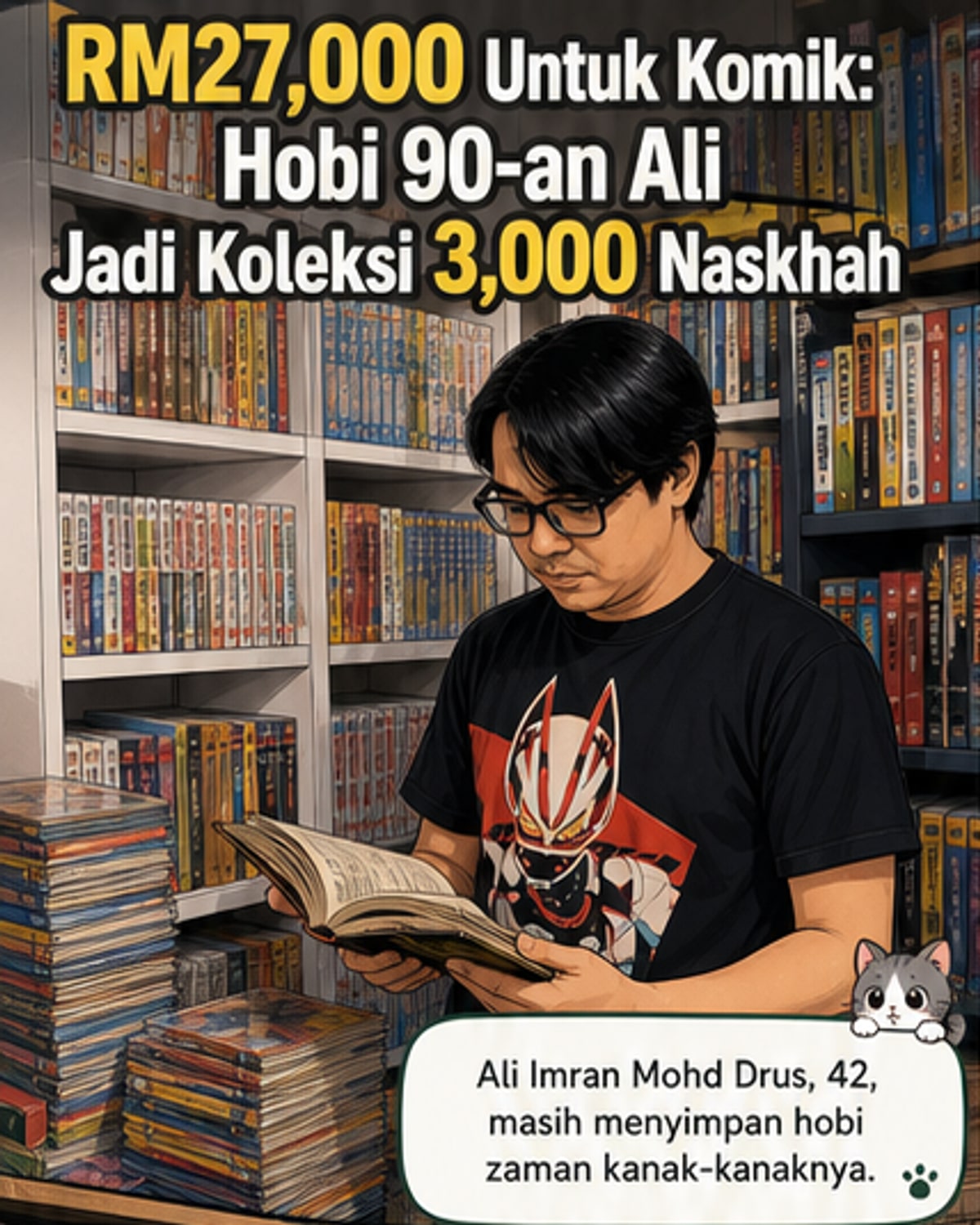 Seorang lelaki berusia 40-an berdiri di hadapan rak penuh komik pelbagai bahasa, memegang naskhah Dragon Ball sambil tersenyum.