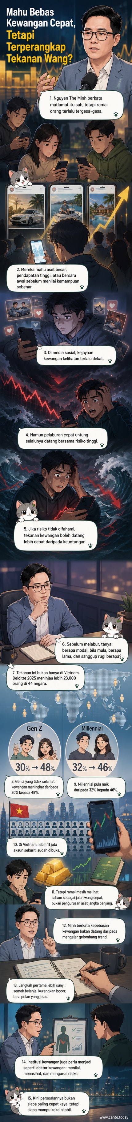 Ilustrasi seorang belia melihat telefon dengan pelbagai notifikasi gaya hidup mewah dan graf pelaburan, sambil memegang dompet kosong.