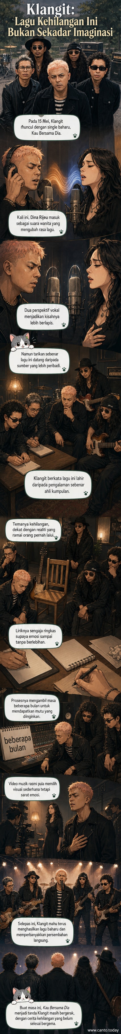 Ilustrasi dua penyanyi berdiri berasingan di bawah langit malam, satu memandang ke bintang, satu lagi memegang nota muzik yang pecah, suasana penuh emosi dan kerinduan.