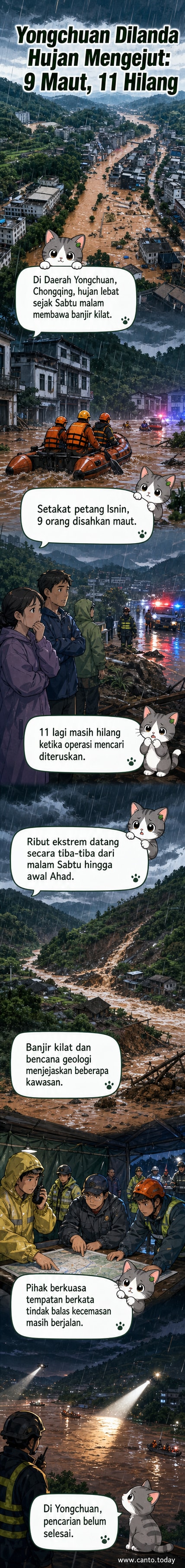 Pemandangan kawasan terjejas di Yongchuan, Chongqing selepas hujan lebat menyebabkan banjir kilat dan tanah runtuh.