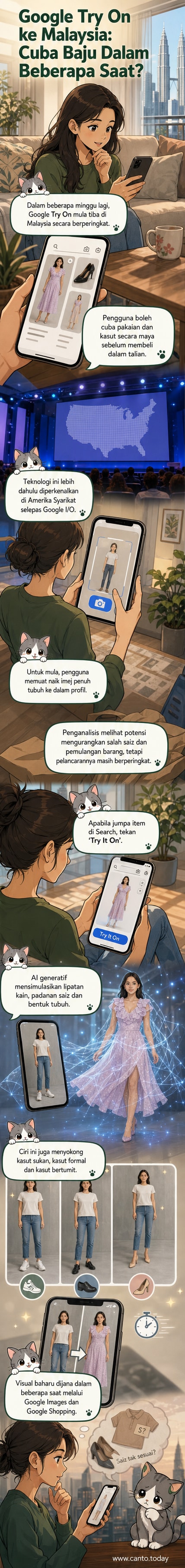Ilustrasi pengguna melihat imej maya dirinya memakai baju dan kasut melalui telefon pintar dengan antara muka Google Try On