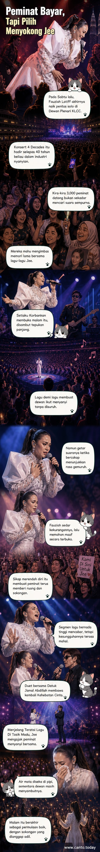 Penyanyi Fauziah Latiff menyanyi di atas pentas dengan latar lampu warna-warni, dikelilingi pemuzik dan penyanyi latar, sambil menangis terharu ketika peminat bersorak.