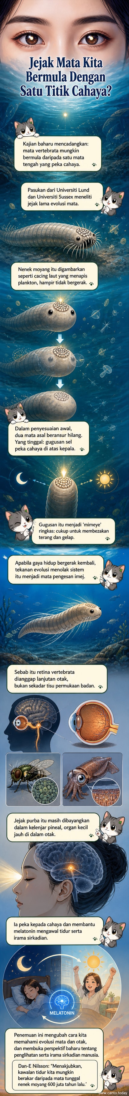 Ilustrasi evolusi mata manusia dari cacing purba dengan satu struktur sensitif cahaya di dahi, menuju perkembangan mata moden dan kelenjar pineal dalam otak manusia.