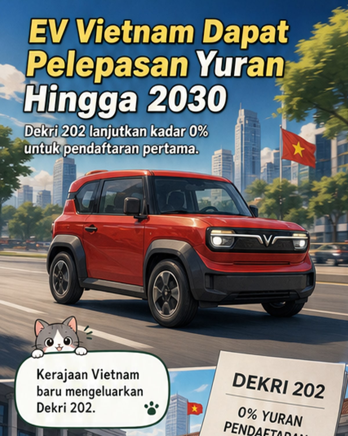 Ilustrasi kereta elektrik melintasi jalan bandar Vietnam dengan latar belakang tanda '2030' dan ikon yuran pendaftaran dicoret.