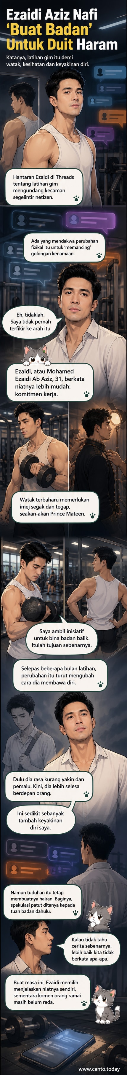 Pelakon Ezaidi Aziz berdiri dalam pakaian latihan di gim, menunjukkan usahanya membina badan untuk tuntutan watak lakonan.
