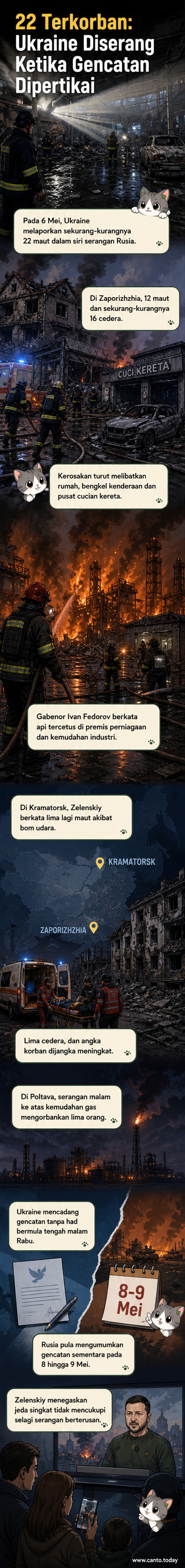Pasukan penyelamat mencari mangsa di bawah runtuhan bangunan di Zaporizhzhia selepas serangan udara Rusia.