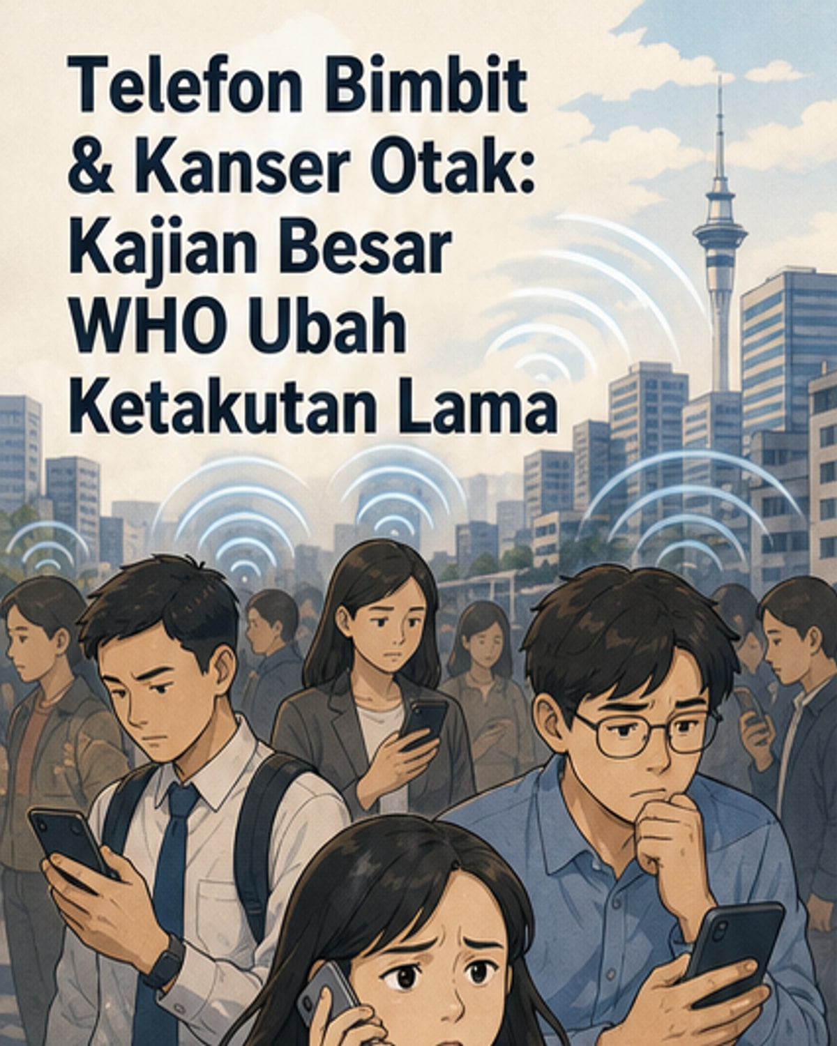 Ilustrasi telefon bimbit dengan gelombang radio di sekeliling, disusuli tanda seru hijau 'tiada risiko kanser' dan ikon otak yang selamat.