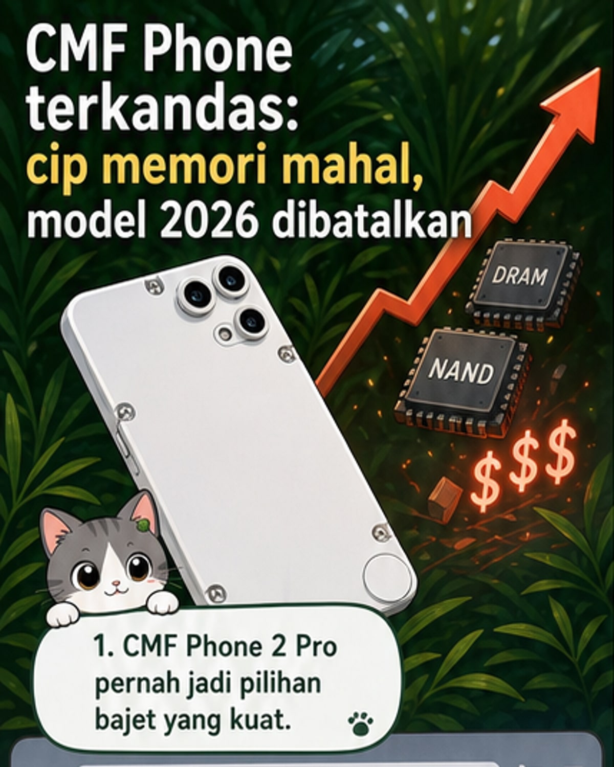Ilustrasi telefon pintar CMF Phone 2 Pro dengan latar belakang grafik kenaikan harga cip memori dan notifikasi 'stok habis'.