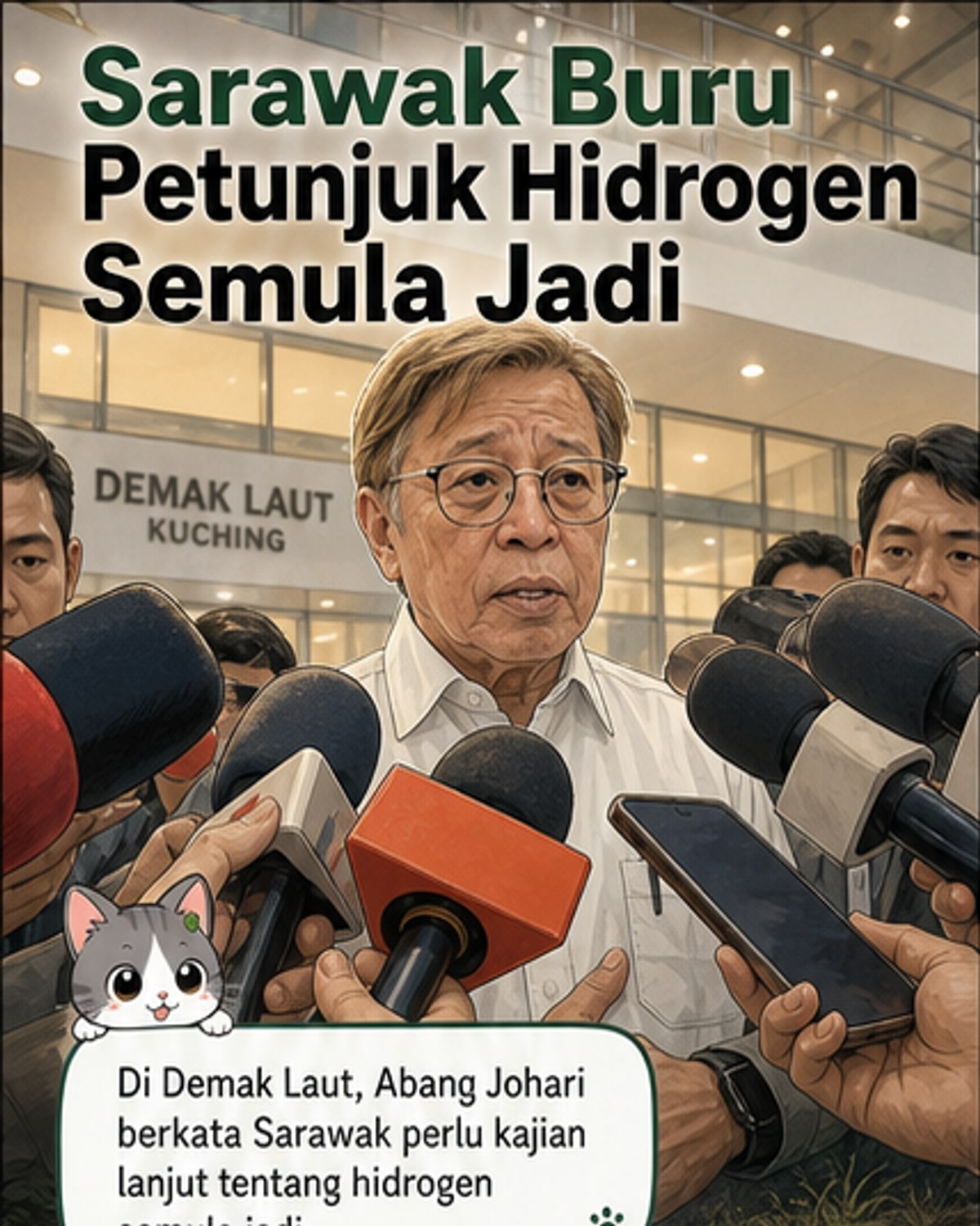 Ilustrasi kawasan bawah tanah Sarawak dengan takungan gas, air, dan bahan organik, menunjukkan proses semula jadi yang mungkin menghasilkan hidrogen.