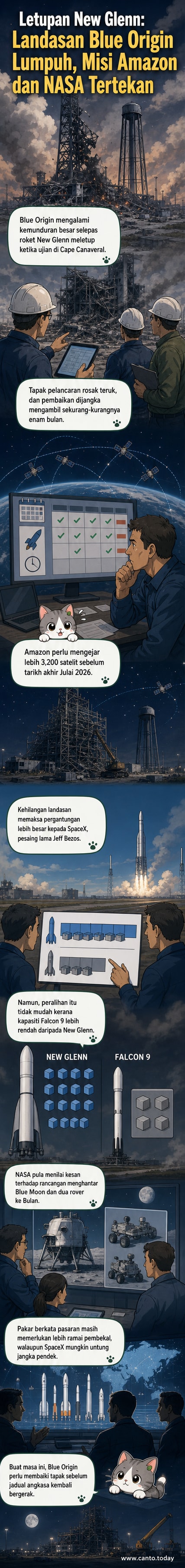 Ilustrasi letupan roket New Glenn Blue Origin di tapak pelancaran Cape Canaveral, dengan asap tebal dan kerosakan pada struktur landasan