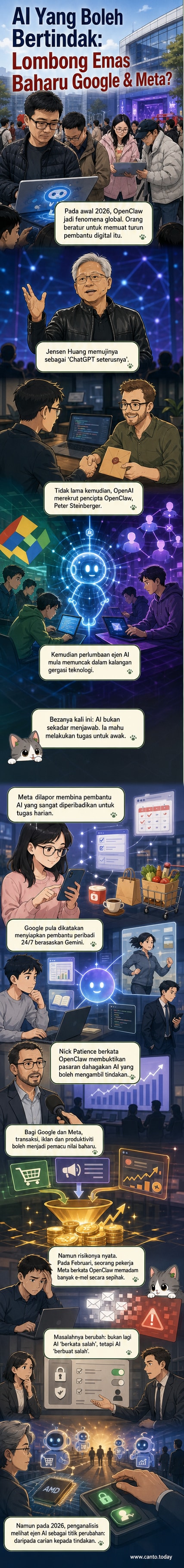 Ilustrasi dua pembantu AI dari Google dan Meta sedang bersaing dalam lumba teknologi, dengan ikon tindakan seperti e-mel, beli-belah, dan kalendar mengelilingi mereka.