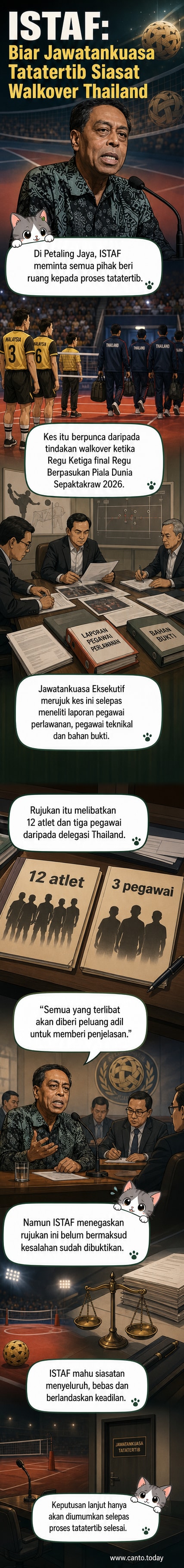 Ilustrasi dua pasukan sepaktakraw berdepan di gelanggang, dengan pengadil dan penonton di latar belakang, menunjukkan ketegangan selepas insiden walkover dalam final Piala Dunia 2026.
