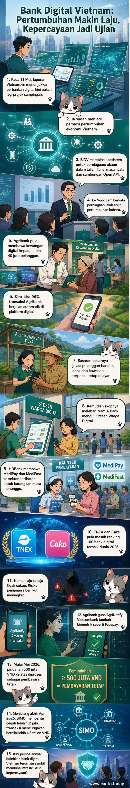 Ilustrasi perbankan digital Vietnam menunjukkan aplikasi mudah alih, rangkaian perniagaan, dan perlindungan siber dengan ikon AI dan blockchain.