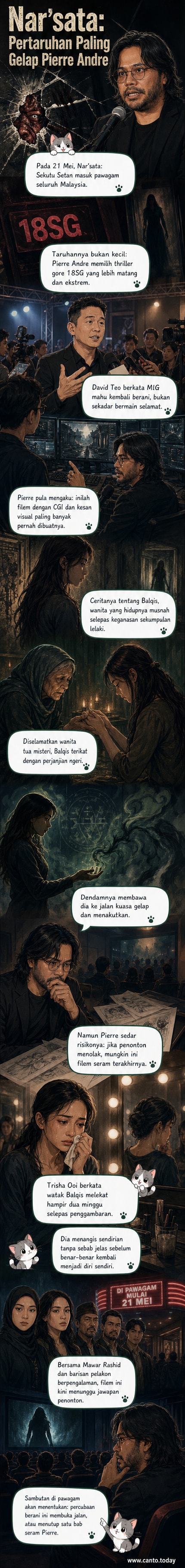 Poster filem Nar'sata: Sekutu Setan menunjukkan wajah Trisha Ooi dengan ekspresi gelap, latar belakang api dan siluet wanita tua misteri, gaya seni gelap dan intens.