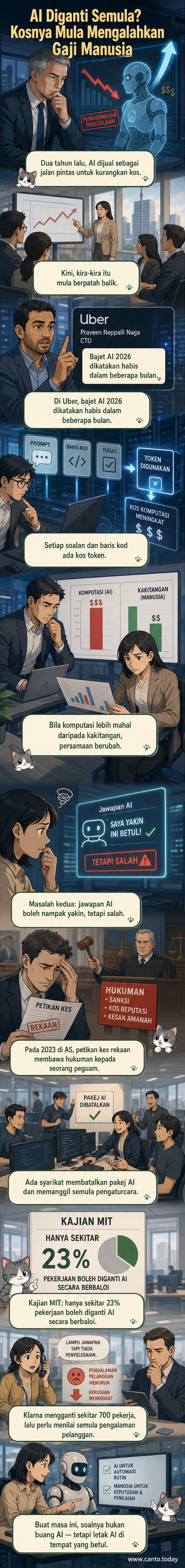 Ilustrasi seorang pekerja AI robotik dipecat dari pejabat oleh bos manusia, sementara pekerja manusia kembali masuk ke pejabat dengan senyuman.