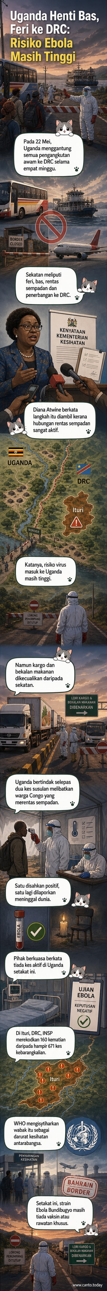 Peta sempadan Uganda dan Congo dengan ikon feri, bas, dan pesawat digantung, menunjukkan sekatan pergerakan susulan wabak Ebola