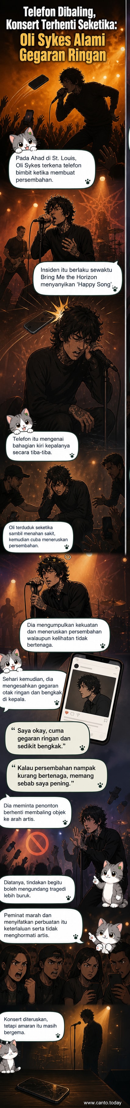 Ilustrasi vokalis Oli Sykes di atas pentas dengan telefon bimbit terbang ke arah kepalanya, menunjukkan detik insiden yang menyebabkan gegaran otak ringan.