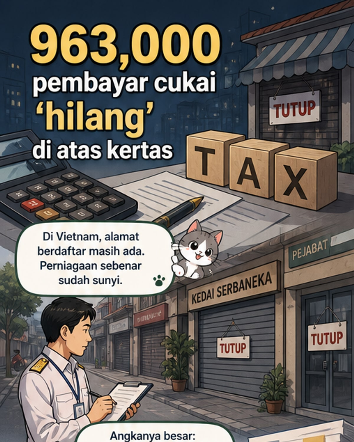 Ilustrasi bangunan perniagaan kosong dengan papan tanda diturunkan, simbolik kepada perniagaan 'hantu' yang tidak lagi beroperasi tetapi masih wujud secara rasmi di Vietnam.