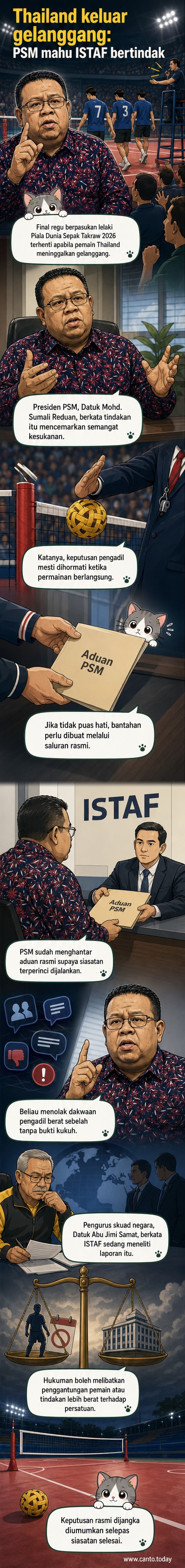 Ilustrasi dua pasukan sepak takraw berdepan di gelanggang, salah satu pasukan meninggalkan padang dengan muka marah, pengadil dan penonton kelihatan terkejut.