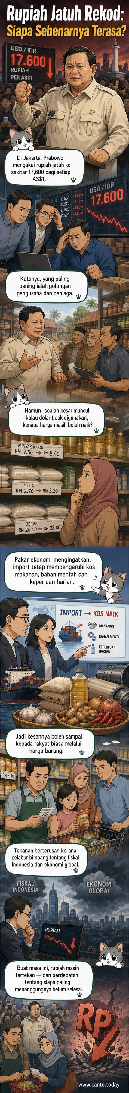 Presiden Indonesia Prabowo Subianto berucap dalam majlis awam, latar belakang imej grafik menunjukkan graf jatuhnya nilai rupiah berbanding dolar AS.