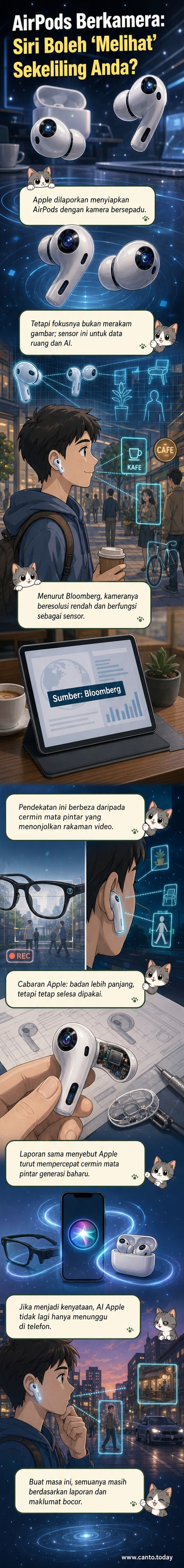 Ilustrasi sepasang AirPods dengan kamera kecil dan ikon AI yang menunjukkan data persekitaran mengalir ke peranti.