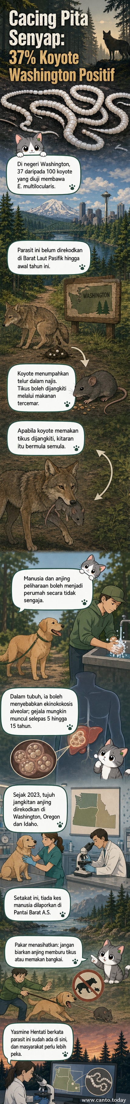 Gambar ilustrasi kitaran hidup cacing pita E. multilocularis antara koyote, tikus, dan risiko kepada manusia.