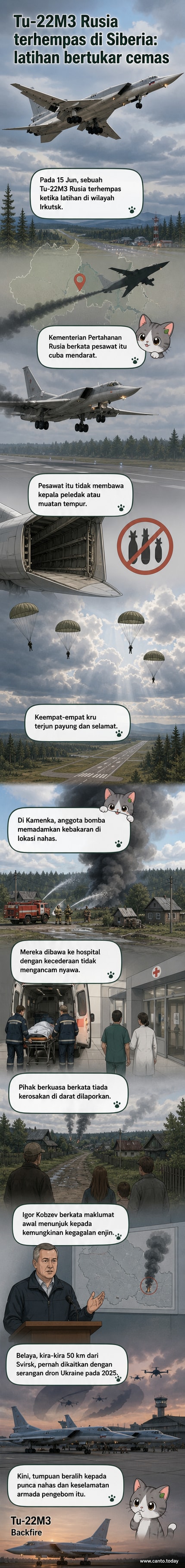Ilustrasi pesawat pengebom Tu-22M3 terhempas di kawasan bersalji Siberia dengan asap mengepul dari lokasi kemalangan