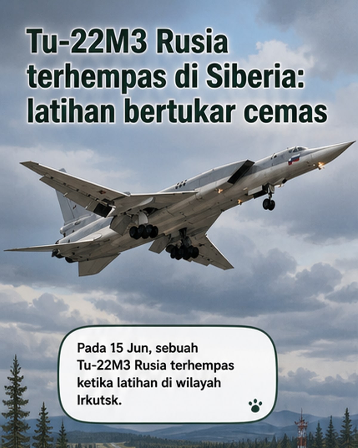 Ilustrasi pesawat pengebom Tu-22M3 terhempas di kawasan bersalji Siberia dengan asap mengepul dari lokasi kemalangan