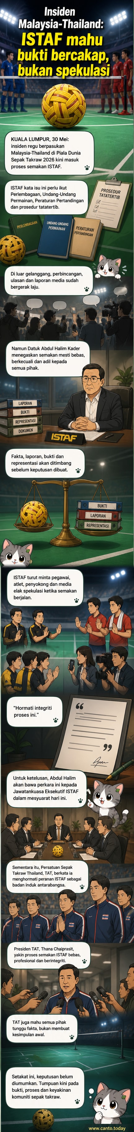 Lakaran dua pasukan sepak takraw Malaysia dan Thailand berdepan di gelanggang dengan pejabat ISTAF memantau dari belakang.