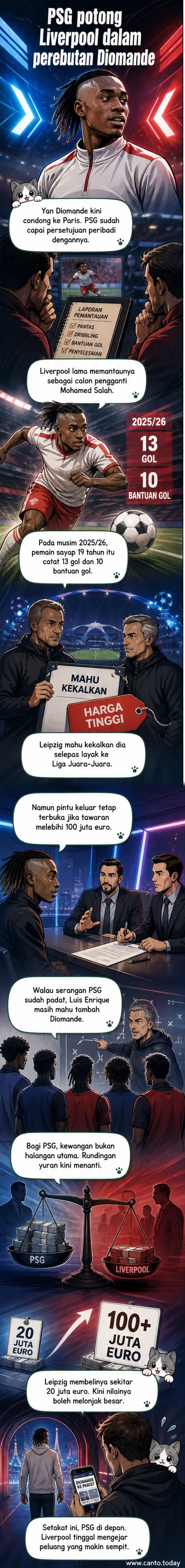 Ilustrasi pemain muda Yan Diomande memakai jersi PSG, berdiri di tengah padang dengan latar belakang Parc des Princes, sambil logo Liverpool dan RB Leipzig dipaparkan secara samar di belakang.