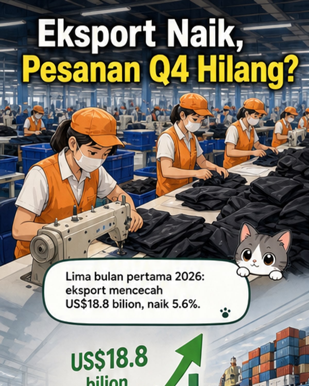 Pekerja di kilang pakaian di Hanoi sedang menjahit pakaian, dengan barisan mesin jahit dan bahan tekstil di latar belakang.