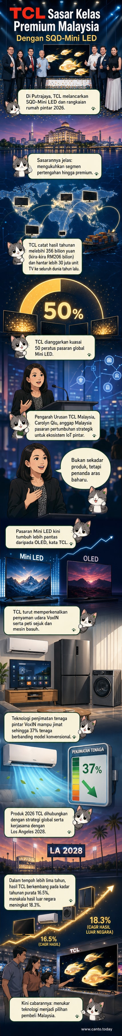 Ilustrasi TV TCL dengan paparan SQD-Mini LED bersinar terang di ruang tamu moden, disertai peralatan rumah pintar lain seperti penyaman udara dan peti sejuk.