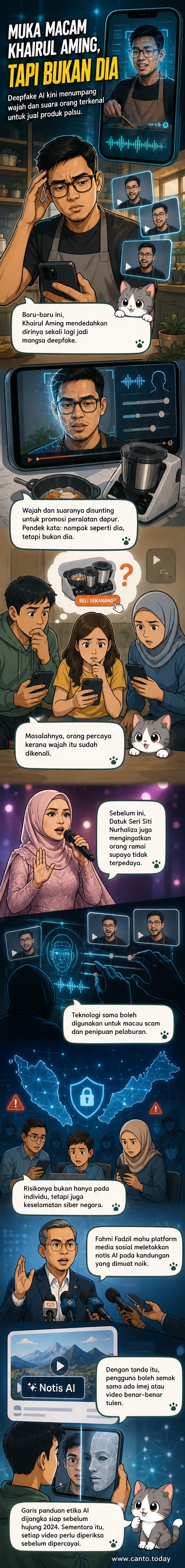 Ilustrasi wajah Khairul Aming dan Siti Nurhaliza yang disunting secara digital menjadi imej deepfake dengan latar belakang media sosial dan tanda amaran siber.